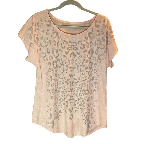 APT 9 Pink Top Gray Leopard Print Silver Stud SS Women L Flowy Bottom - Picture 1 of 6